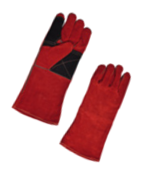 Pair of red work gloves with black accents on a white background.