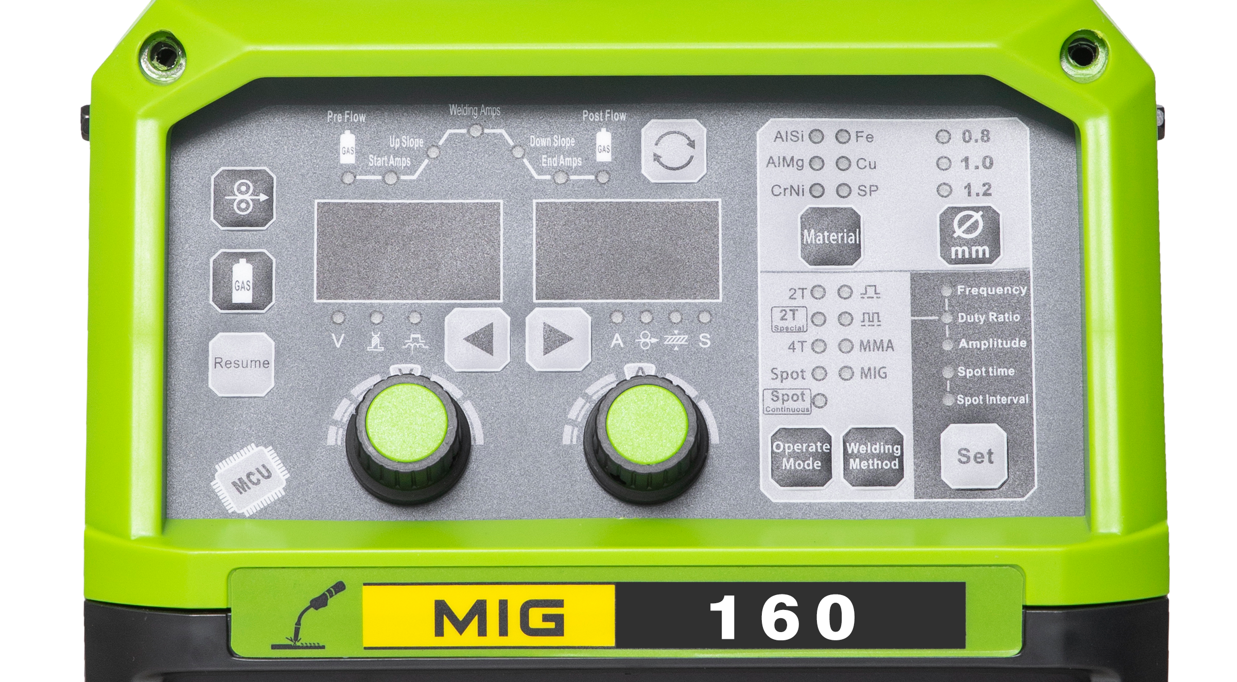 A MIG welding machine with a gray control panel and bright green border. The panel has various knobs, buttons, and indicators for welding settings, including operational modes, material type, and welding parameters.