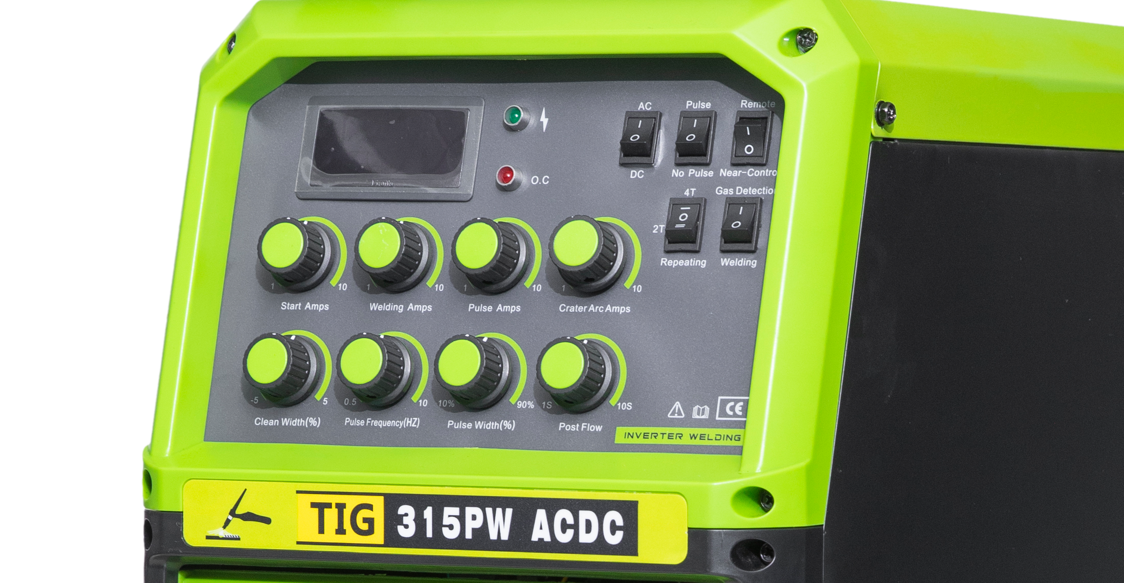 Close-up of a TIG 315PW ACDC inverter welding machine with a bright green body, control panel with various dials and switches, and a yellow label reading TIG 315PW ACDC.