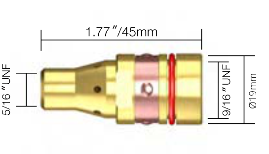 Close-up of a gold and pink metal connector with technical measurements indicating dimensions and thread size, including 5/16" UNF and 9/16" UNF threads, and a diameter of 19mm.