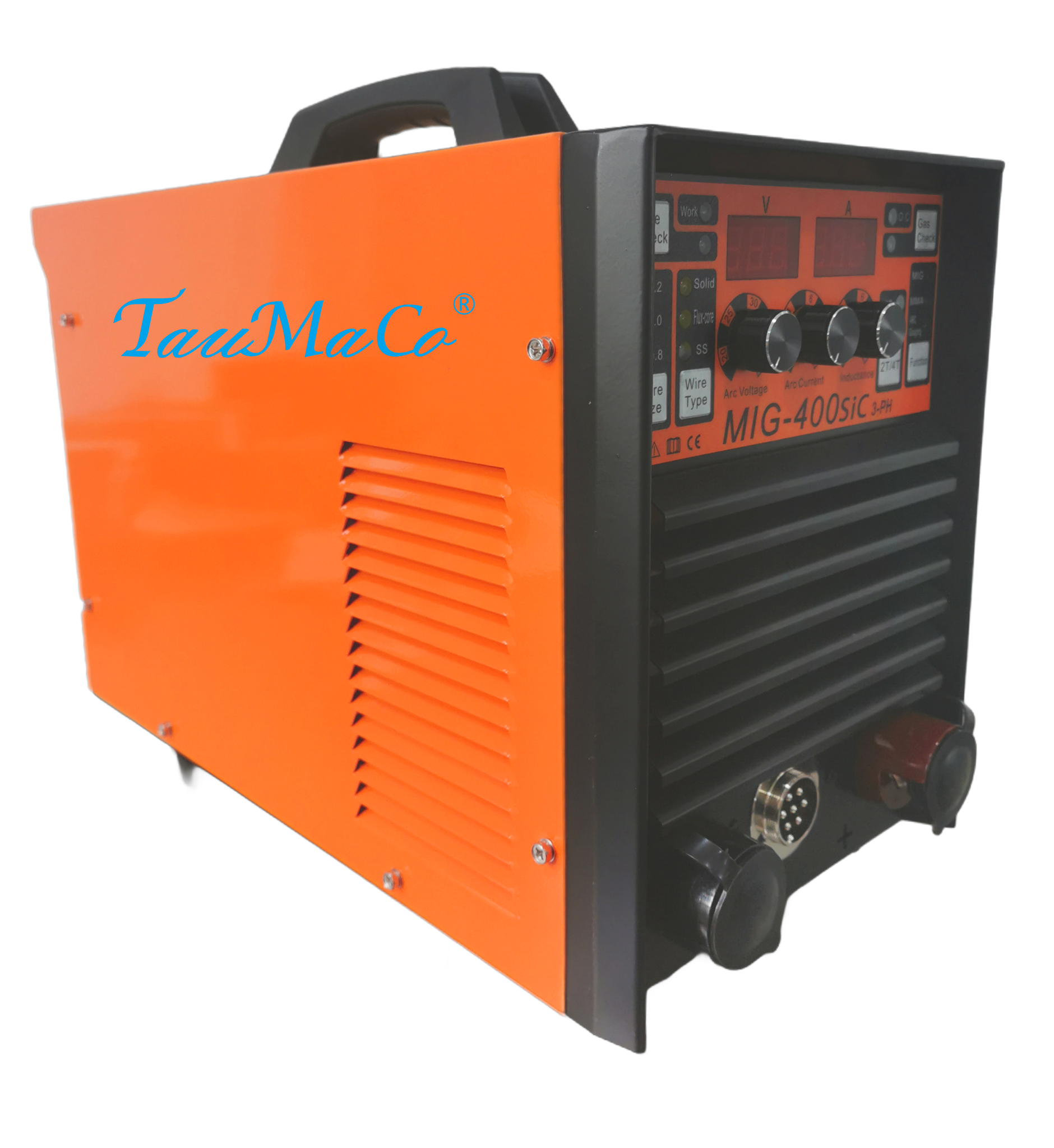 An orange TauMaCo MIG-400SIC welding machine with black accents and digital controls.