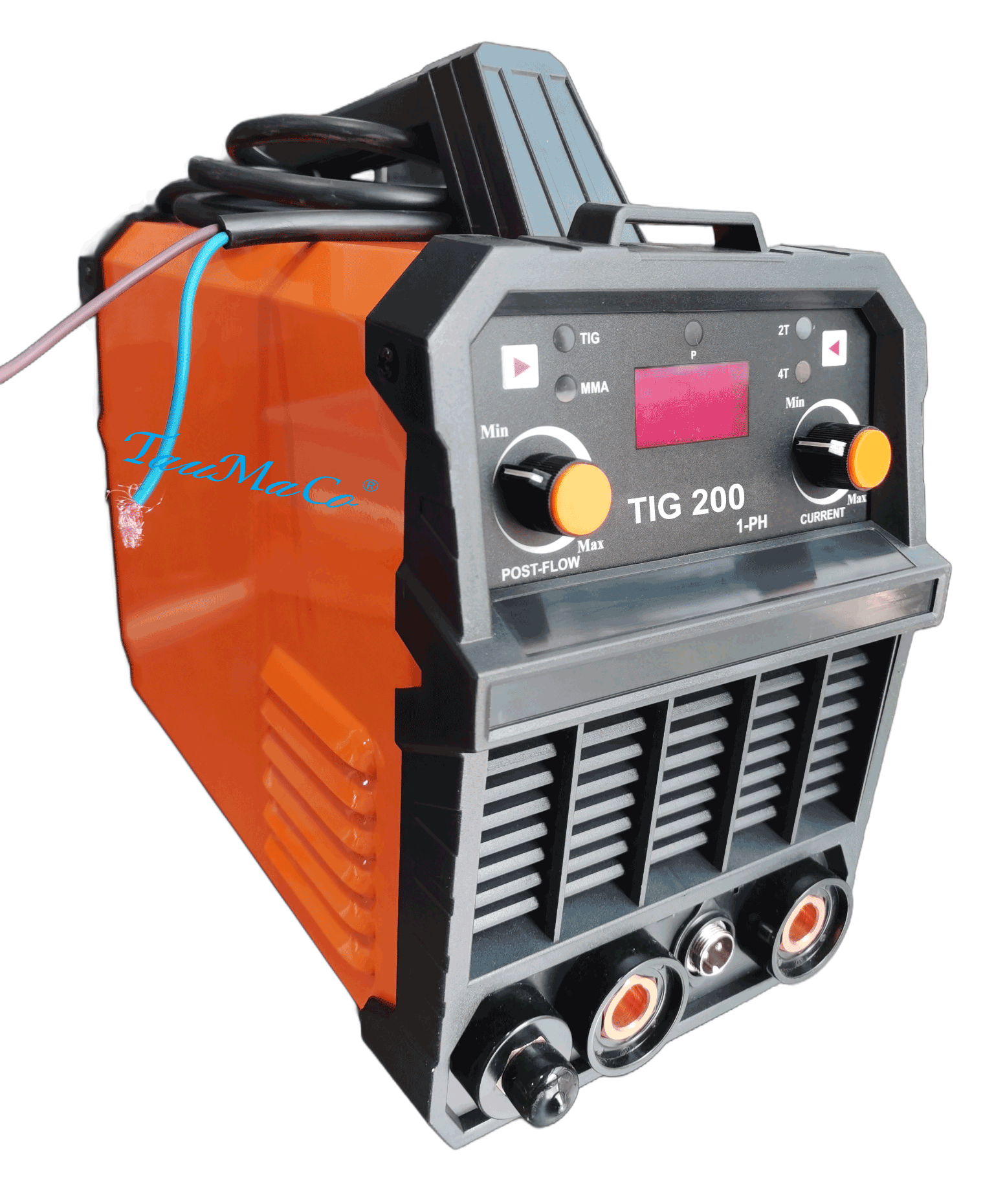A TIG welding machine labeled 'TIG 200' with orange and black casing, control knobs, a digital display, and multiple connection ports.