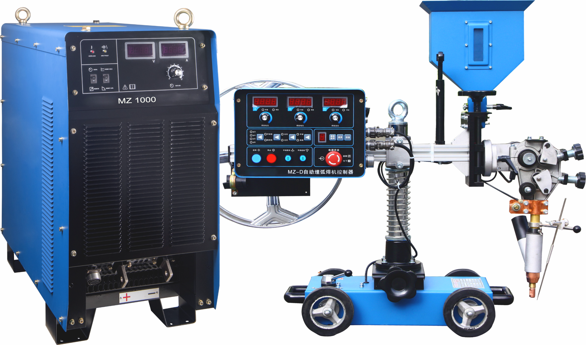 A portable welding machine setup with a blue welding power source on the left and a flexible robotic welding arm on the right, mounted on a wheeled base.