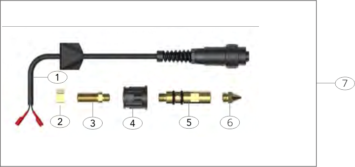 Diagram of various components for a fuel injector, including wiring, connectors, and nozzle parts.