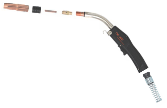 Disassembled welding torch with various internal components and a coiled spring at the end.