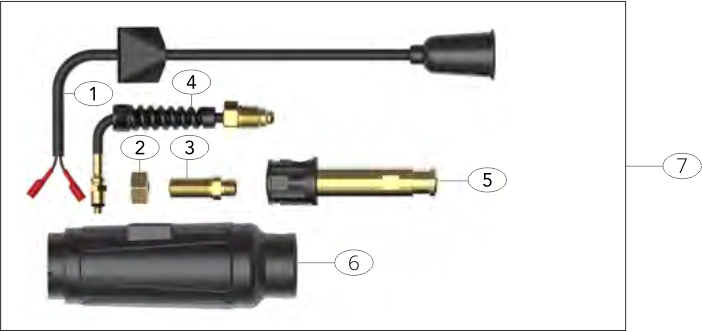 A collection of tools and parts for air tool maintenance, including a power cord, a coiled hose, fittings, connectors, and a pneumatic tool body.