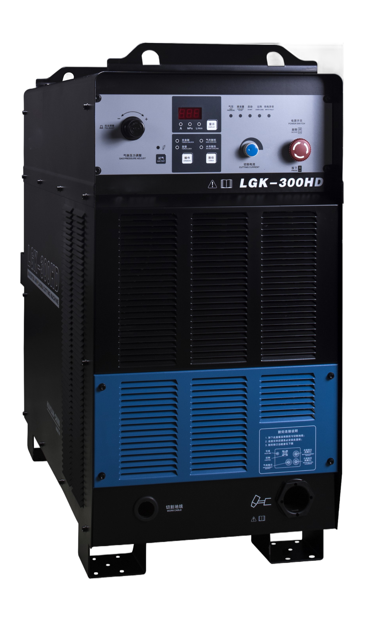 Industrial welding machine LGK-300HD with control panel, buttons, and knobs, featuring black and blue coloring and ventilation slots.