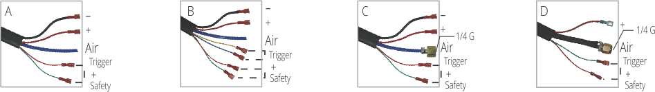 Four diagrams illustrating various wiring configurations for air, trigger, and safety wires, labeled A, B, C, and D.