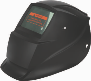 Black welding helmet with an adjustable headband and a digital display window for viewing