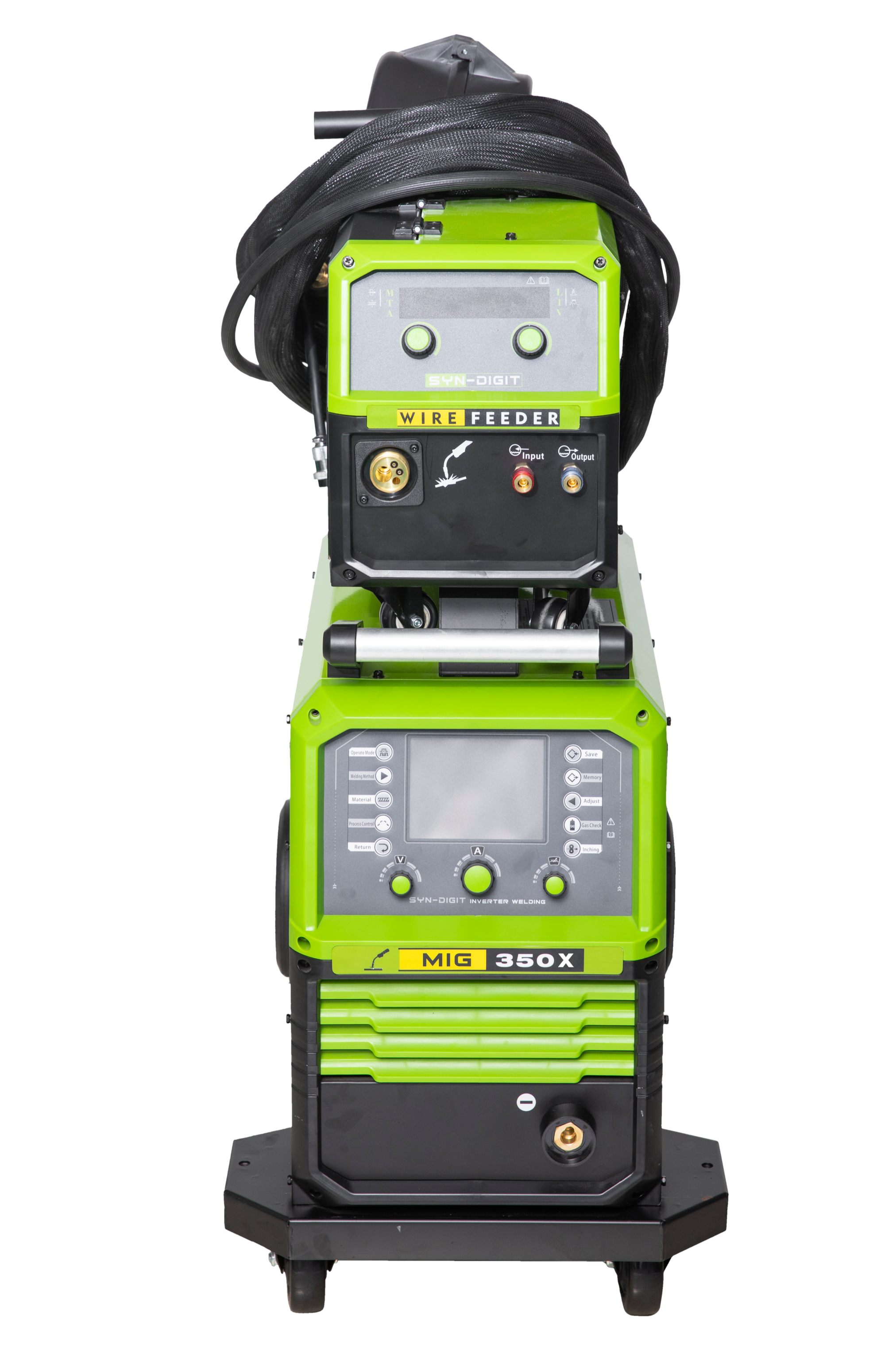 A green MIG welder machine with black and gray components, including a control panel and wiring, labeled 'MIG 350X' and 'Wire Feeder'.