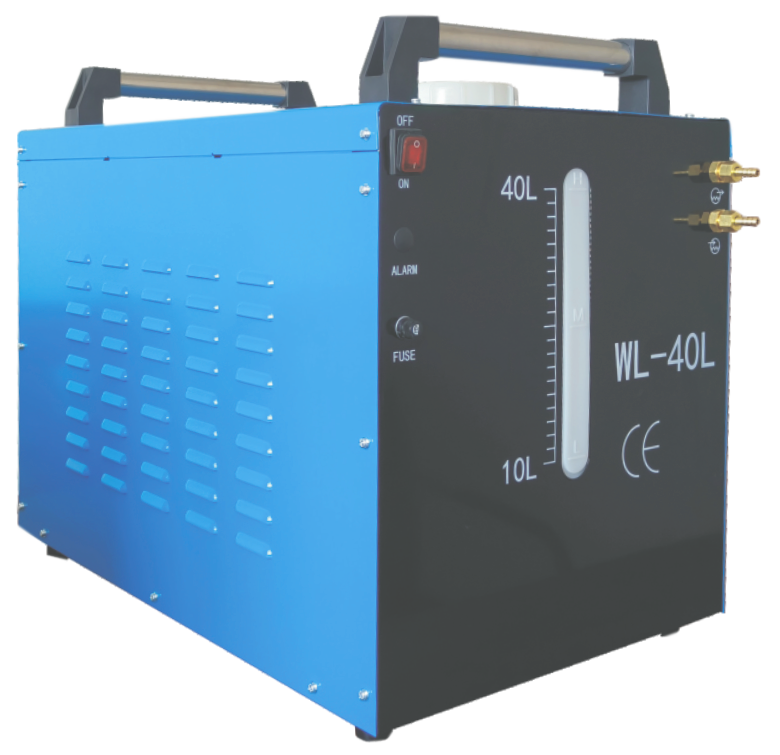 A blue and black medical or laboratory device with a capacity of 40 liters, featuring a water level indicator, a power switch, alarm, fuse, and connection ports.