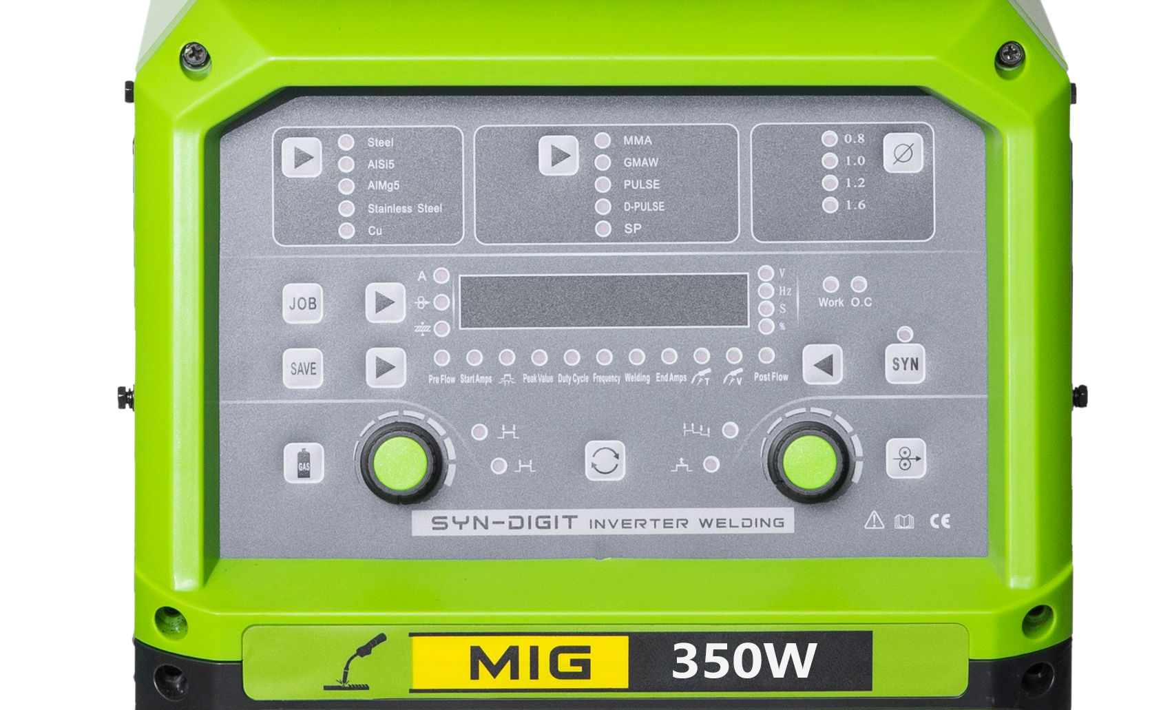Green MIG 350W inverter welding machine with control panel and digital display