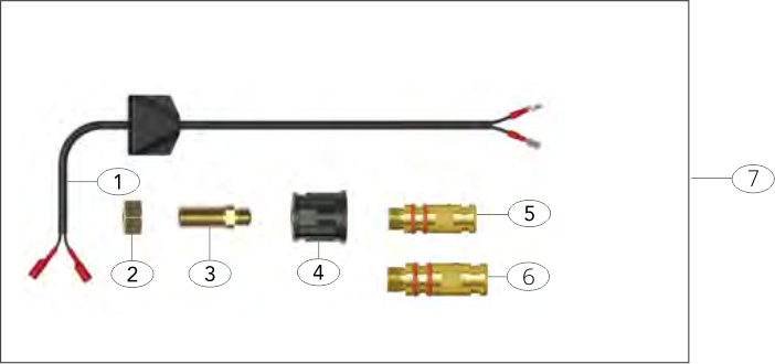 A diagram of electrical connectors and components for wiring, including a cable with split ends, a fuse, a brass connector, a black plastic connector, and two brass terminal connectors with red rings.