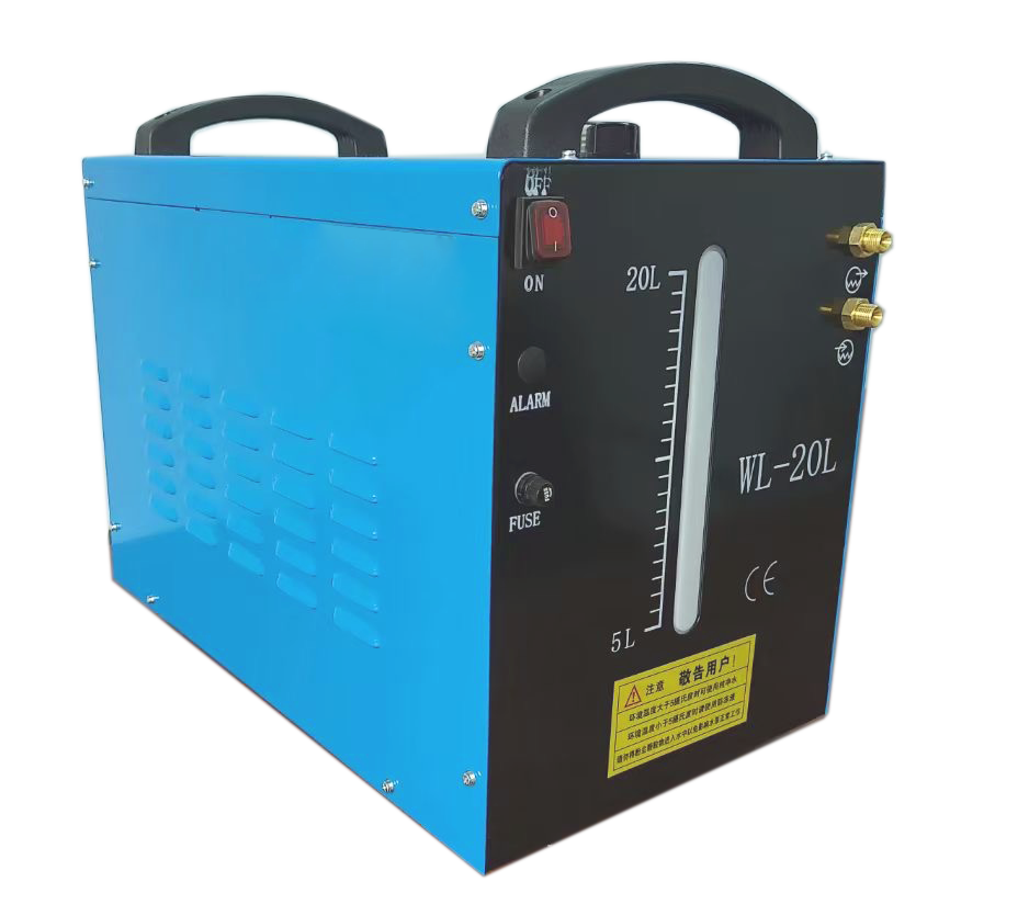 Blue and black ultrasonic water tank with a transparent water level indicator, power switch, alarm indicator, fuse, and brass fittings on a digital heating or cooling device.