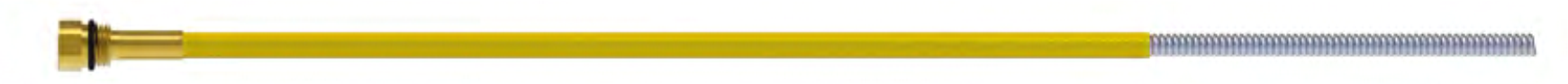 A yellow and silver flexible hose with a metal threaded end.