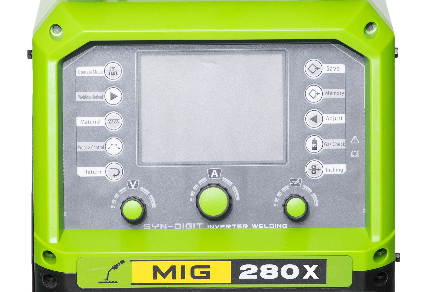 Green industrial welding machine with control panel, multiple buttons and knobs, and a large screen in the center. The model number is MIG 280X.