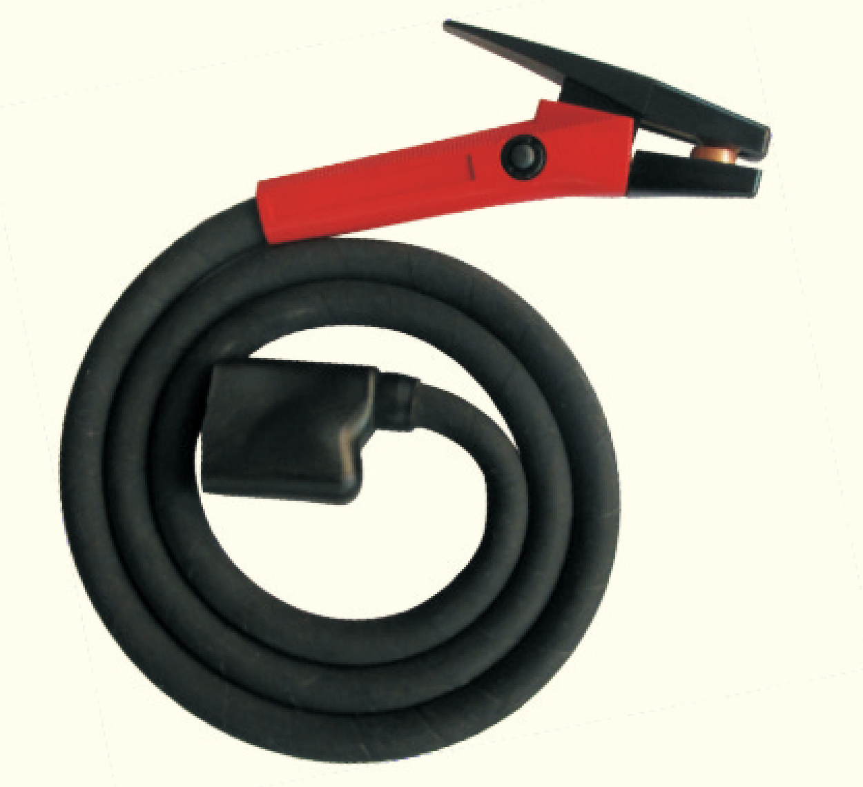 A coiled black garden hose with a nozzle and a spray gun attachment.