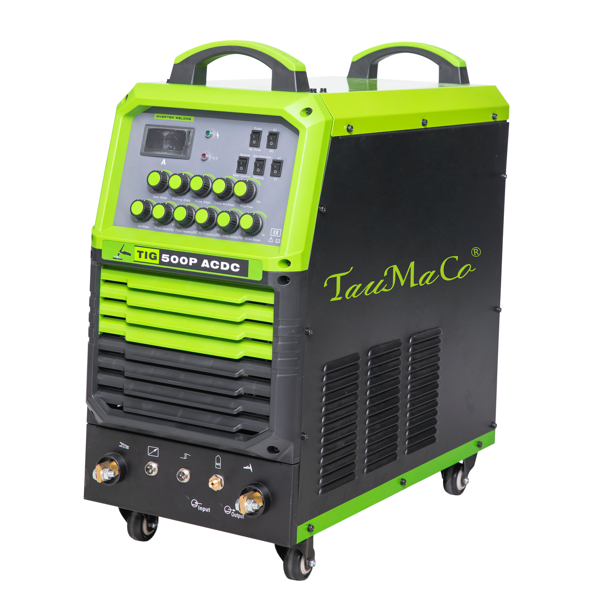 Green and black TIG welding power supply with control knobs, switches, and vents, labeled "TaumaCo TIG 500P ADC".