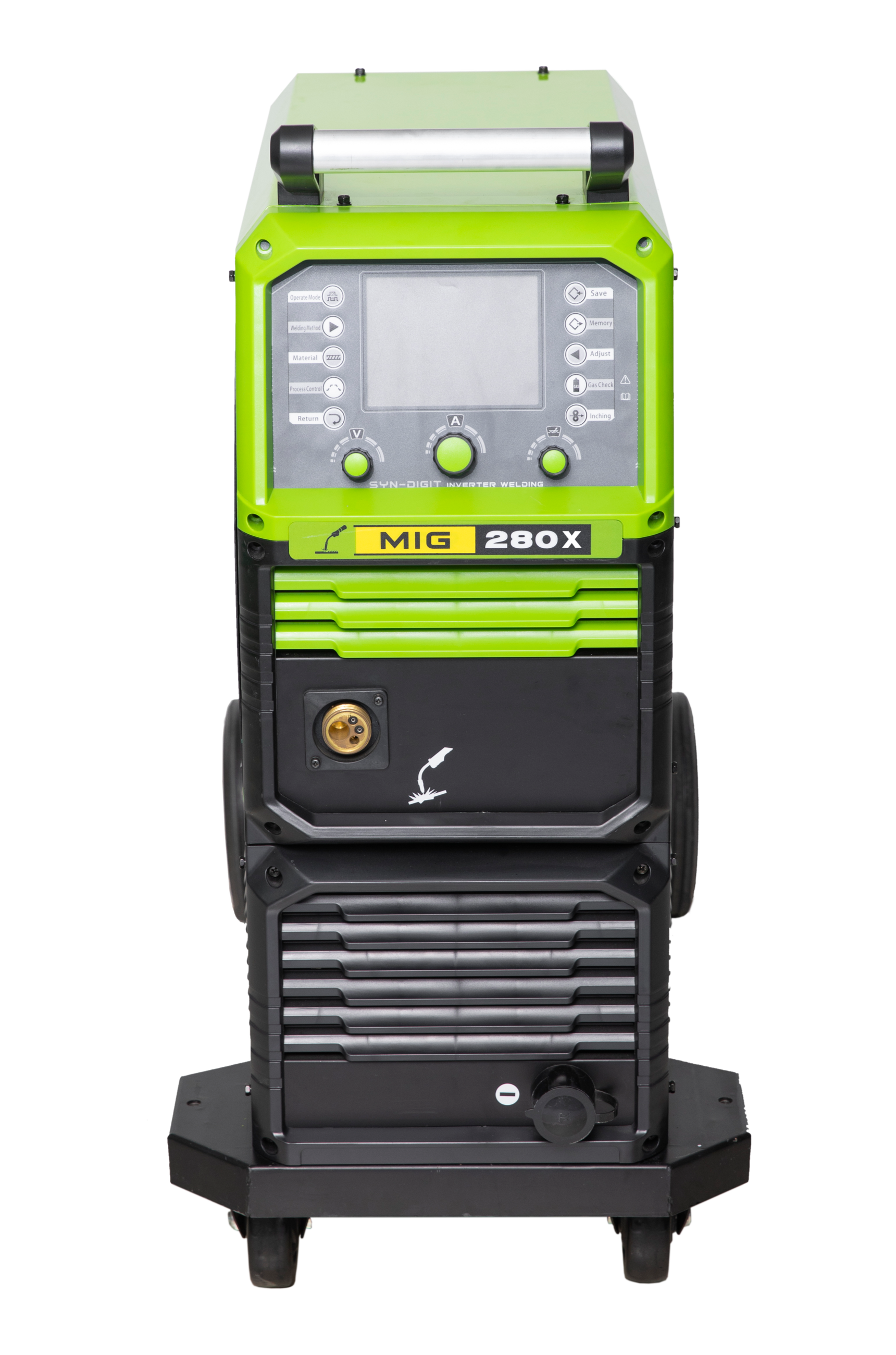 Green MIG welder machine with digital controls, a built-in display, and a welding torch connection