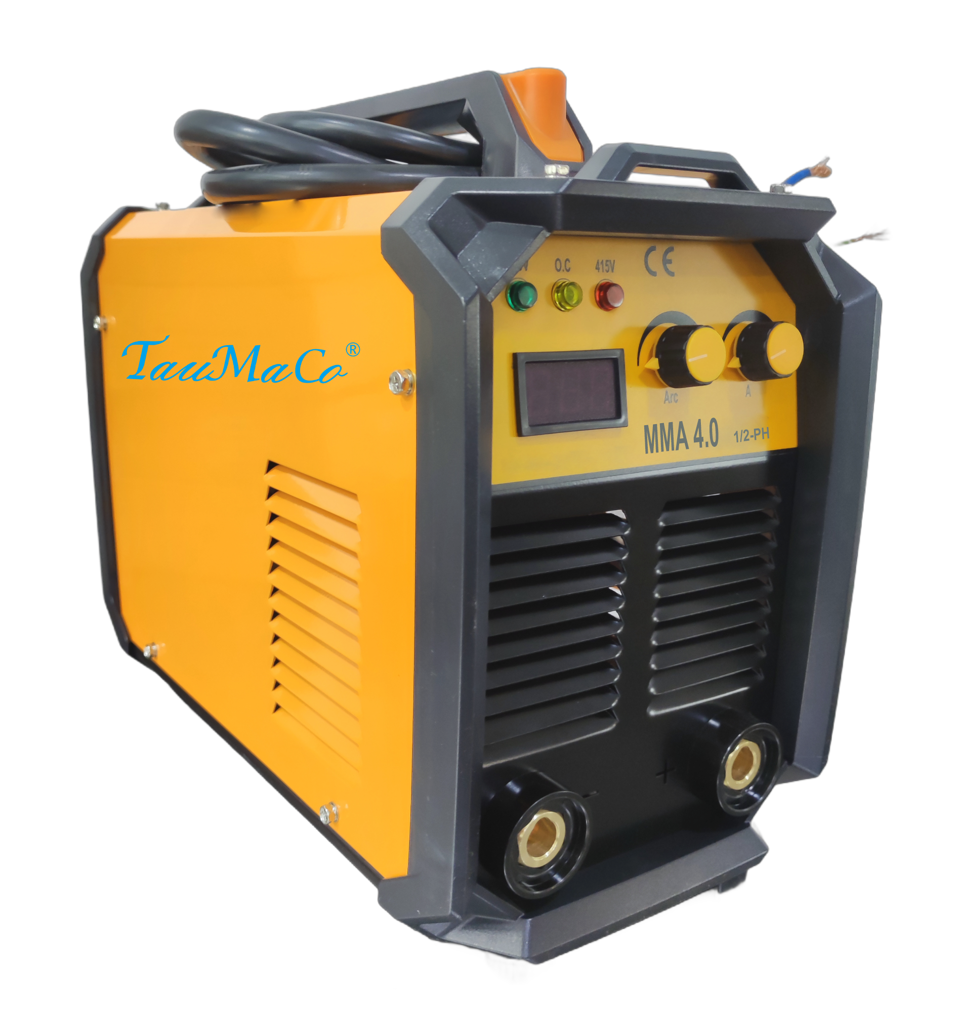 Yellow and black welding machine with controls and power cables, branded 'TauMaCo', model MMA 4.0.