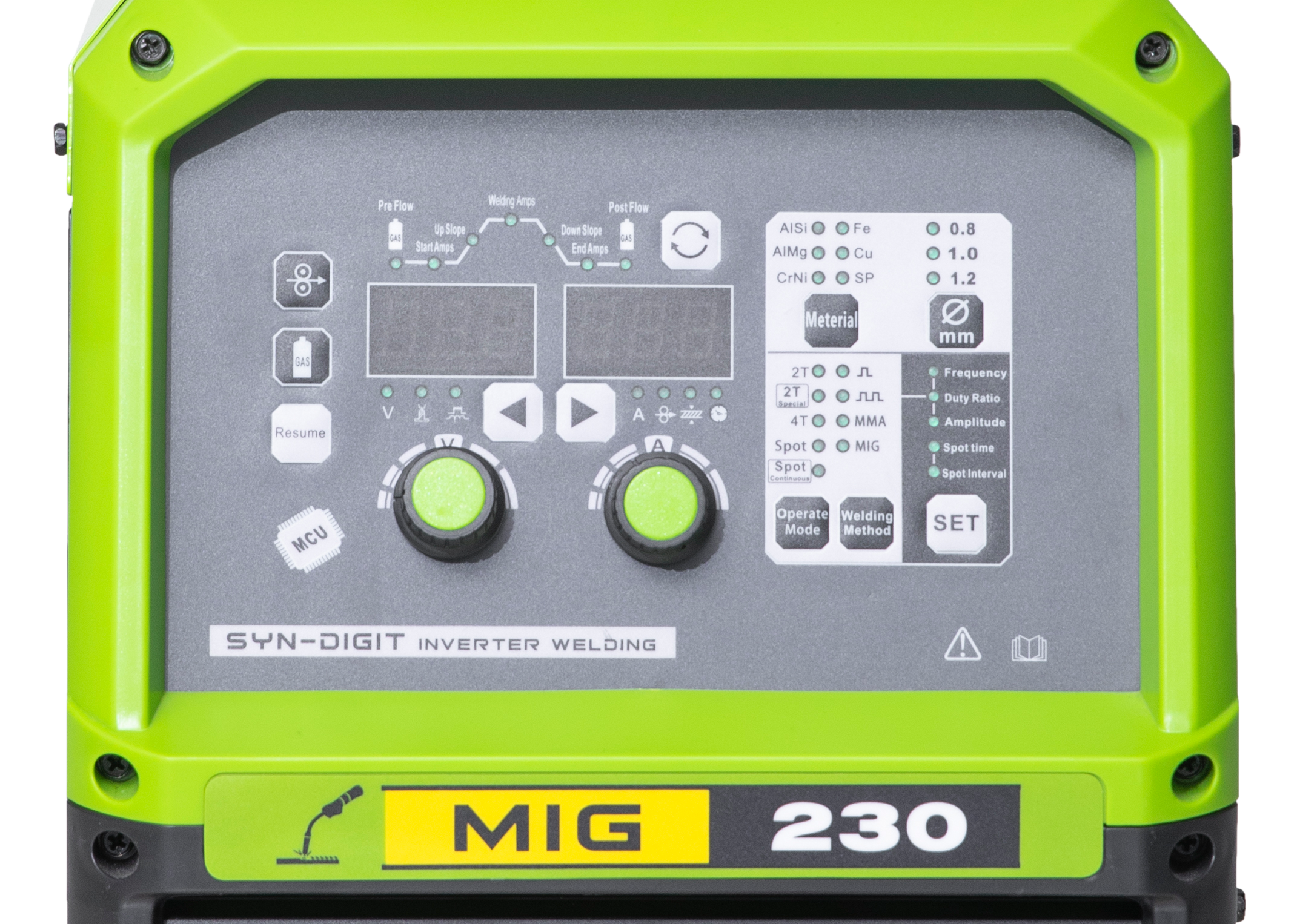 Green MIG welder machine with control panel buttons and knobs, branding 'MIG 230' on the front.