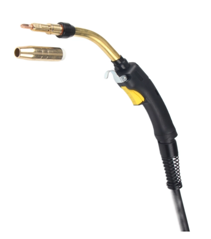 A TIG welding torch with a gold-colored metal nozzle and a black and yellow handle, along with a ceramic protective cover, set against a plain white background.