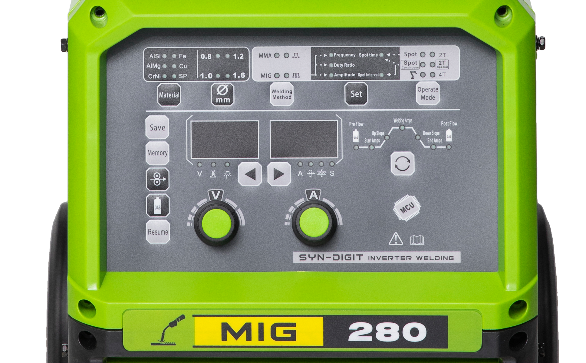 Green MIG welder machine labeled 'MIG 280' with digital controls, buttons, dials, and display screens for welding adjustments.