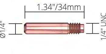 Close-up of a metal screw with detailed measurements, indicating 1.34 inches in length and a 1/4 inch diameter.