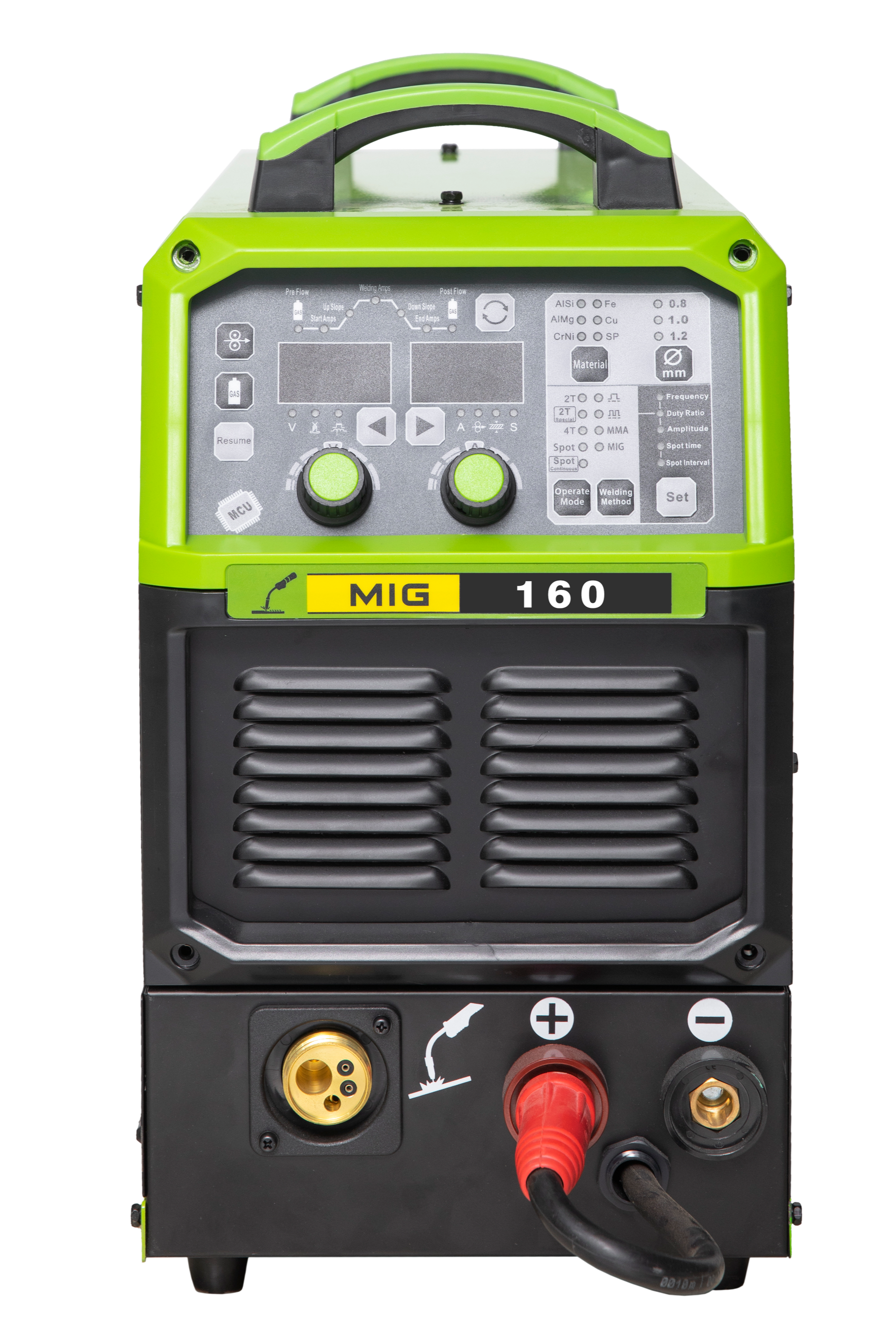 Portable MIG welder machine with green and black casing labeled "MIG 160".