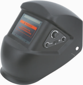 Black welding helmet with digital display and control buttons.