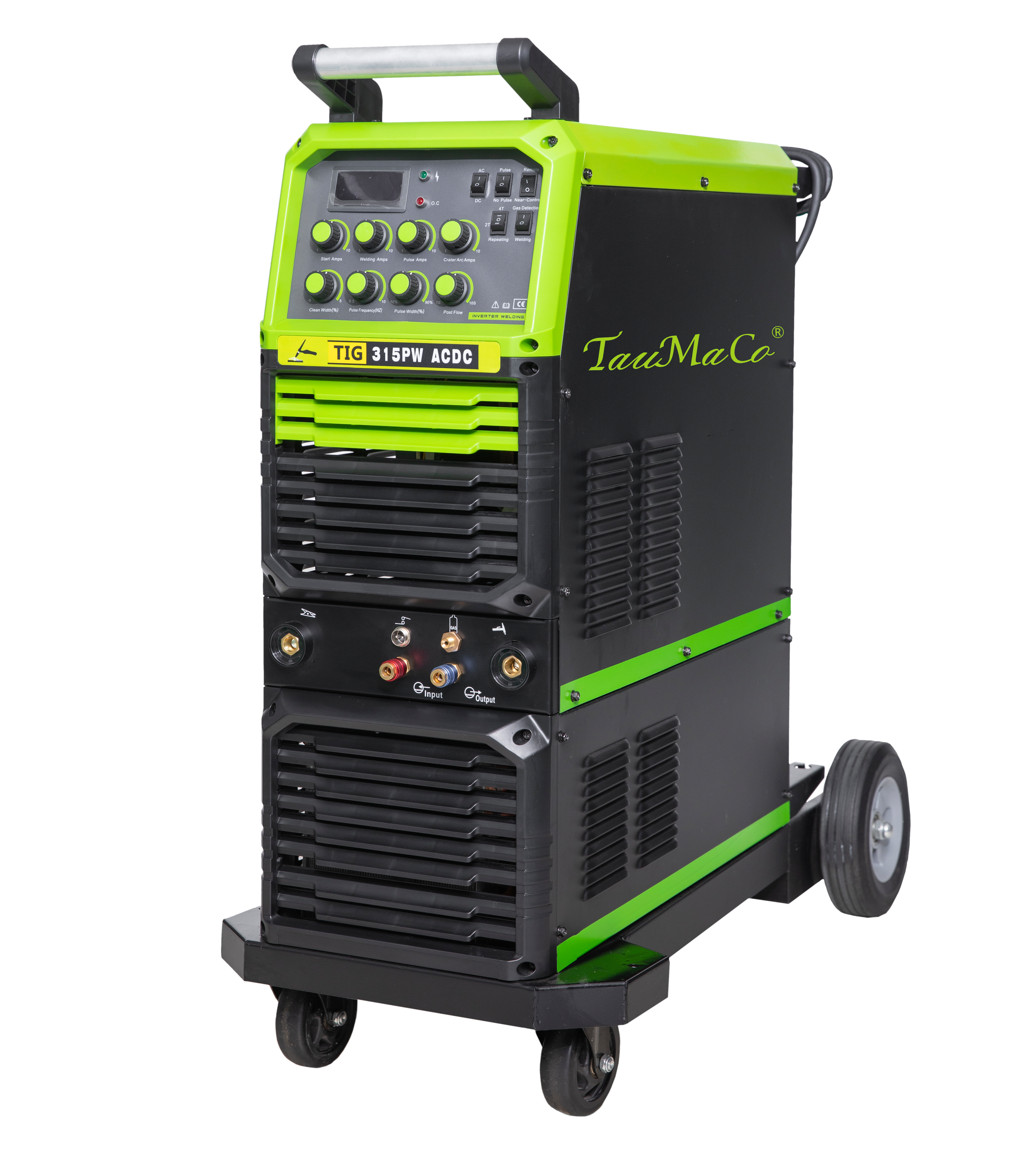 A green and black TIG welding machine on wheels with control knobs and input/output ports.