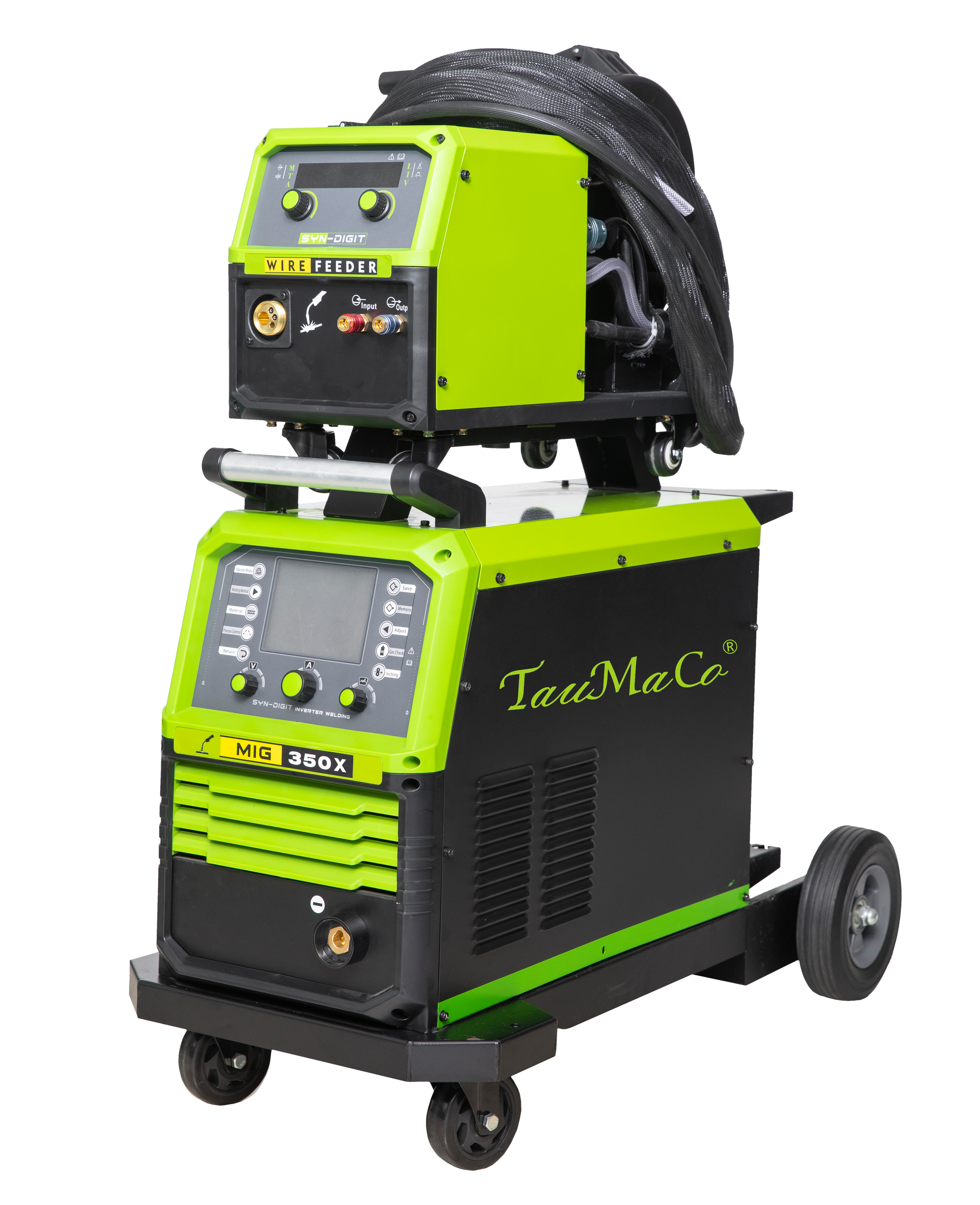 A green and black industrial MIG welding machine with control panels and wheels.