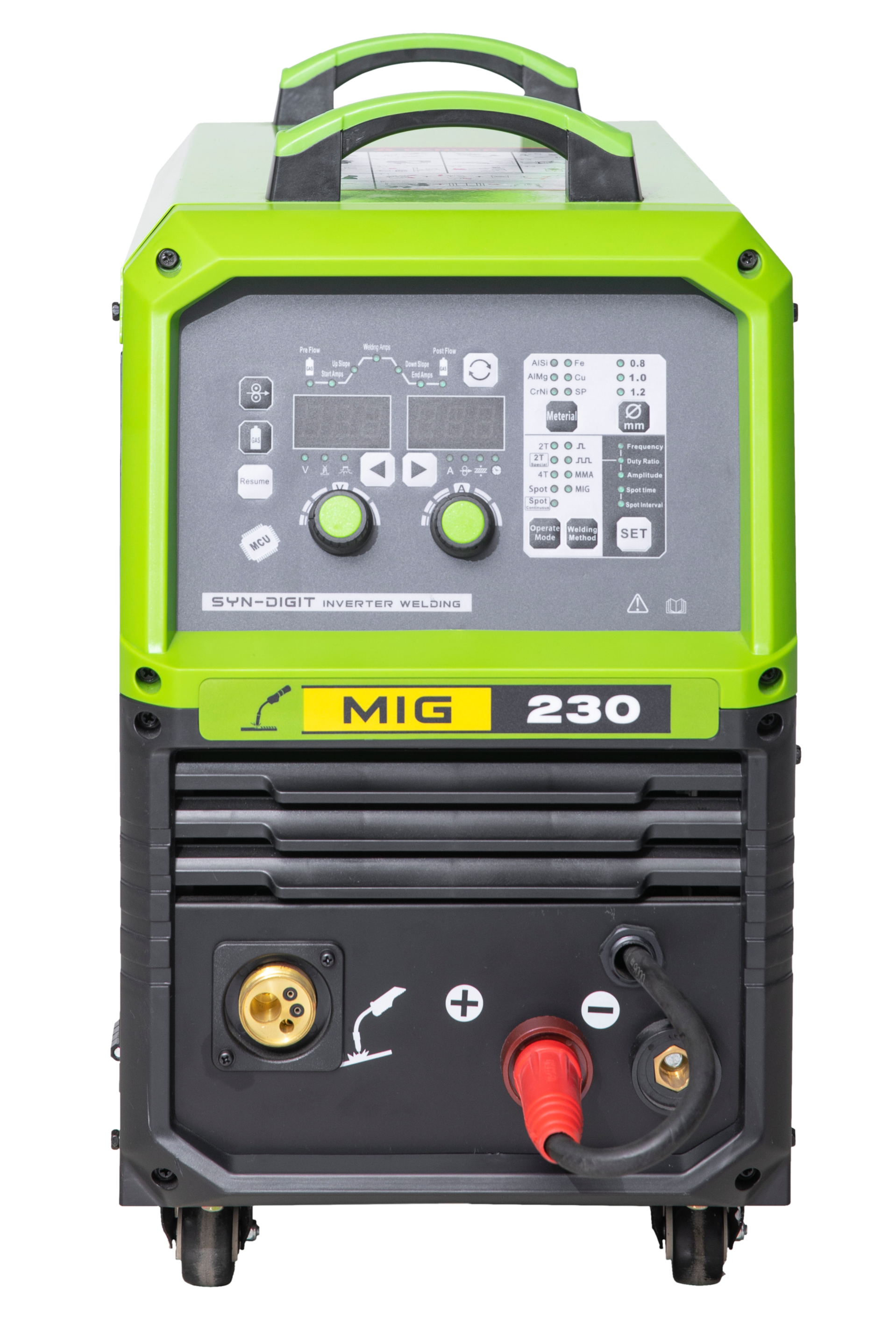 A green and black MIG welding machine with controls and ports, labeled 'MIG 230', featuring a red and black power cable.