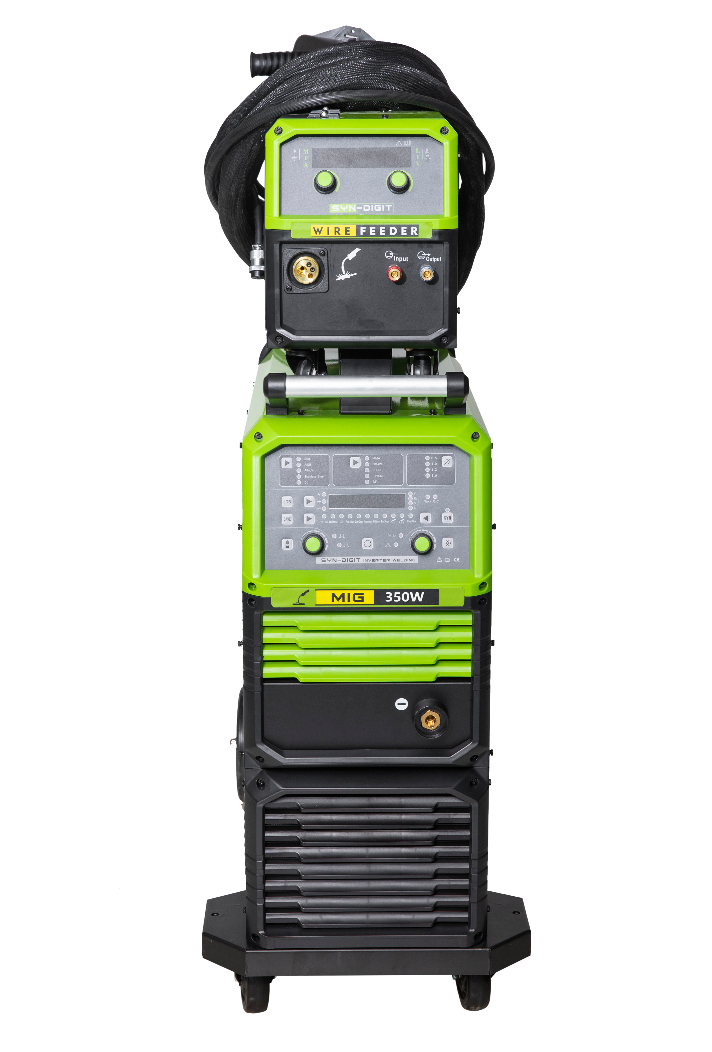 A green and black MIG welder machine with a digital control panel and a connected welding cable.