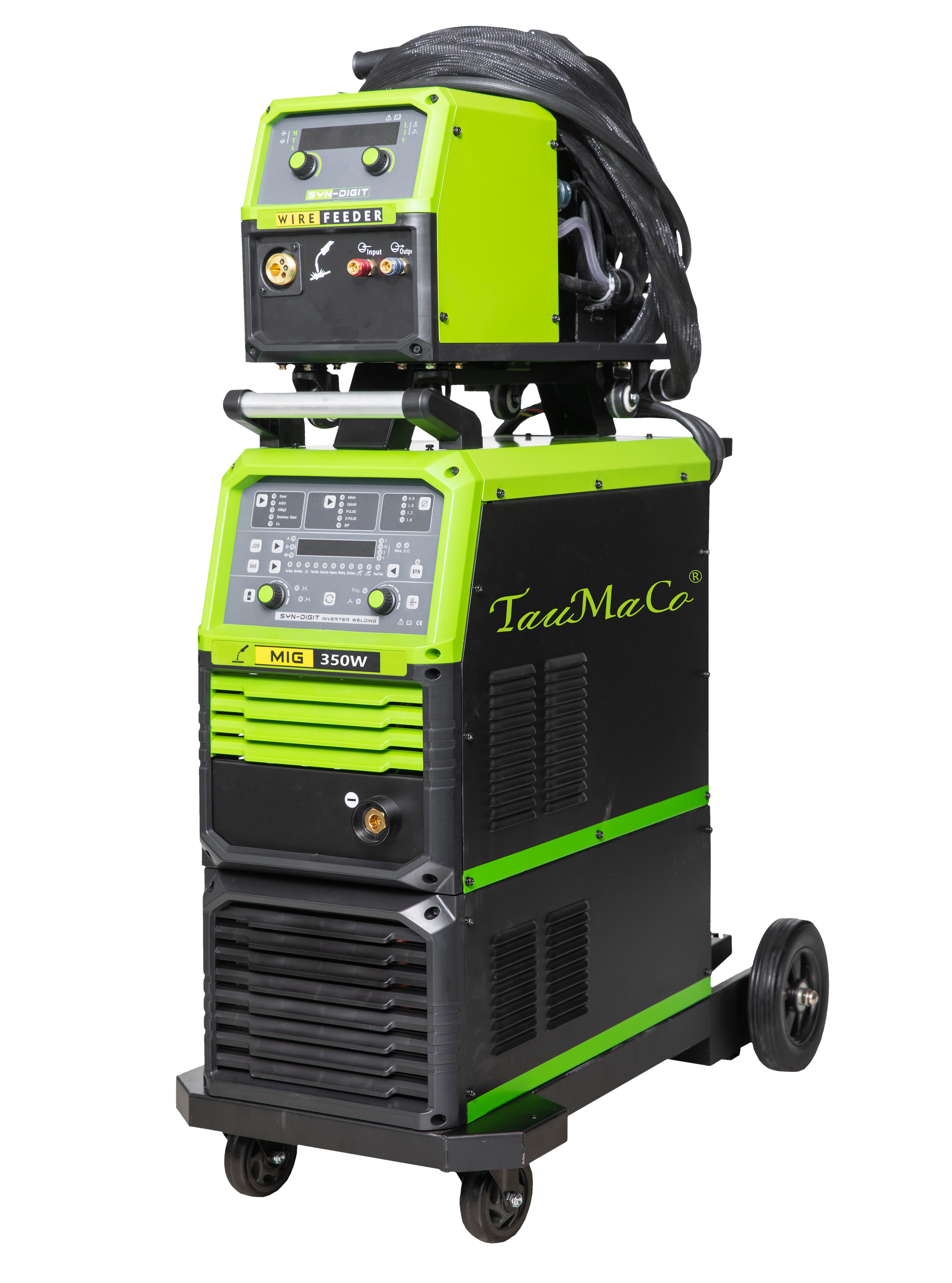 A green and black welding machine on wheels with controls and cables.