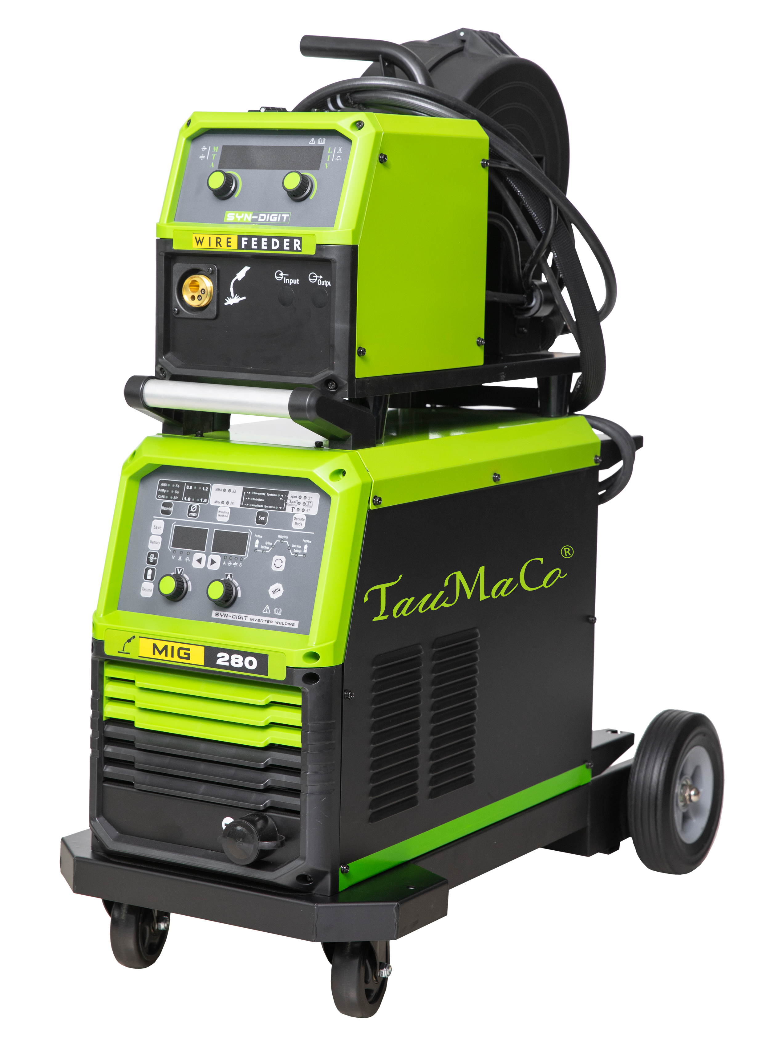 A green and black welding machine with controls and wheels.