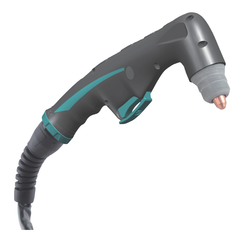 A welding torch with a black and teal handle and a copper tip.