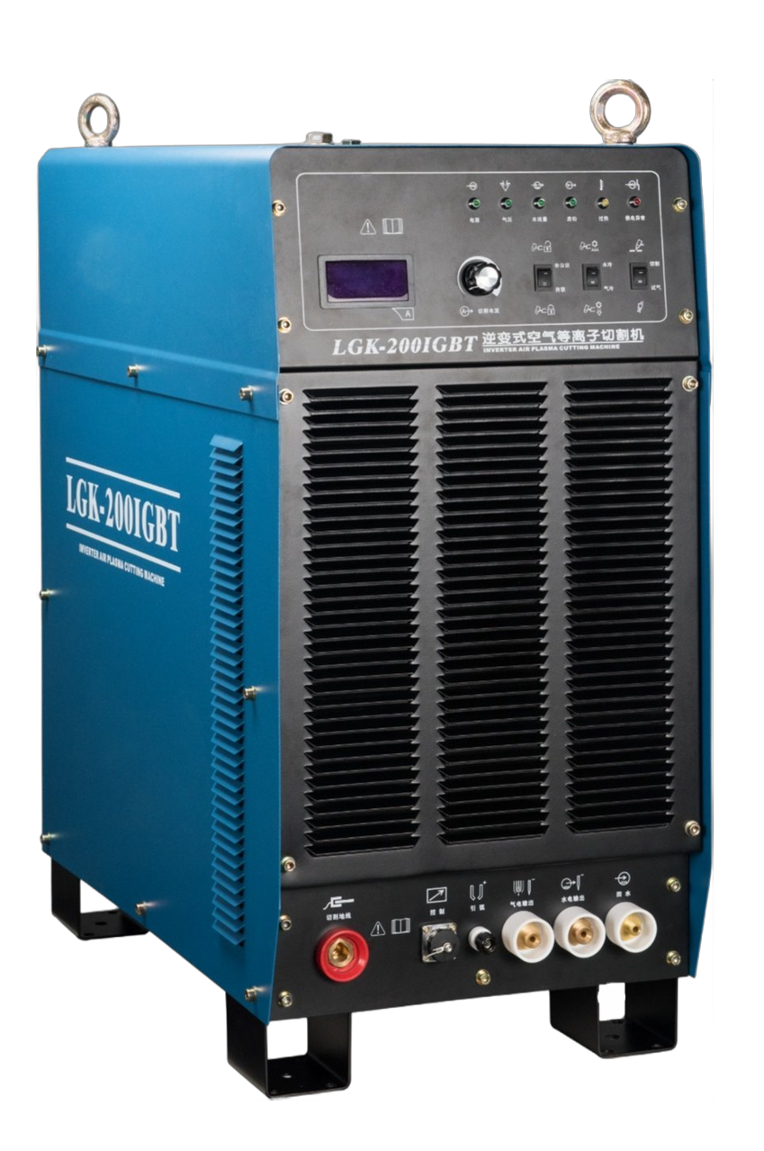 Blue inverter air plasma cutting machine LGK-200IGBT with control panel, vents, and connection terminals against a black background.