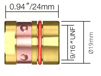 Technical drawing of a small cylindrical component with dimensions labeled: 0.94 inches (24mm) length, 9/16 inch UNF diameter, and 19mm diameter with red O-rings.