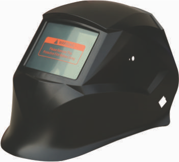 Black welding helmet with an adjustable face shield and warning label on the front.
