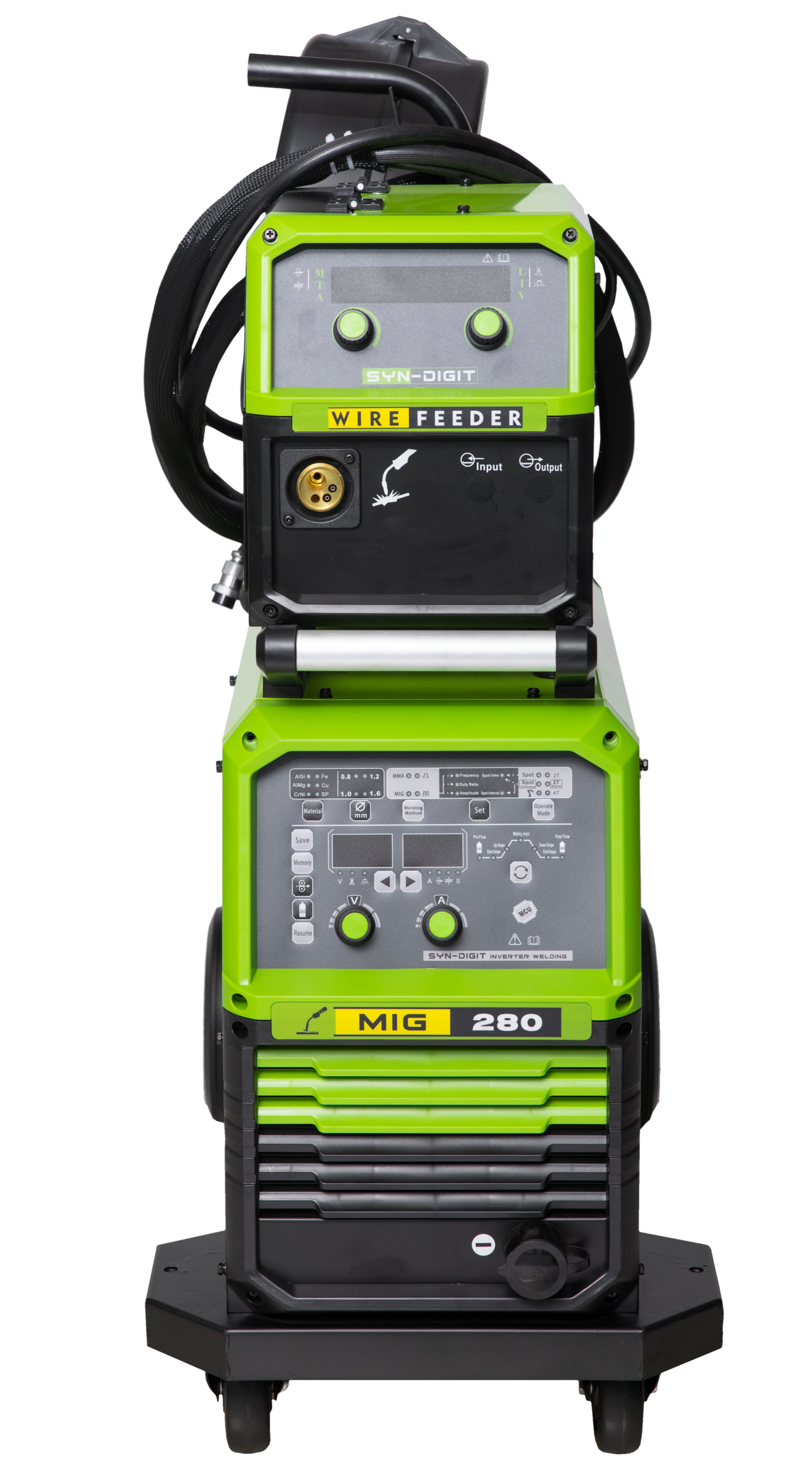 A green industrial MIG welding machine with controls and cables, labeled 'SYN-DIGIT' and 'MIG 280'.