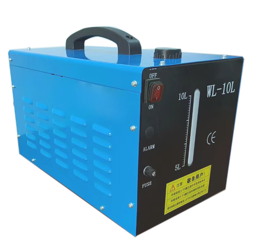 A small blue ultrasonic humidifier with a black front panel displaying a volume gauge, on/off switch, alarm, and fuse indicators.
