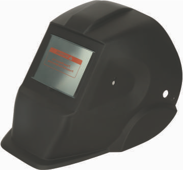 Black welding helmet with a tinted viewing window and a digital display