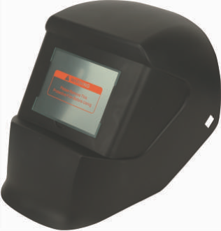 Black welding helmet with a flip-up face shield and digital display screen
