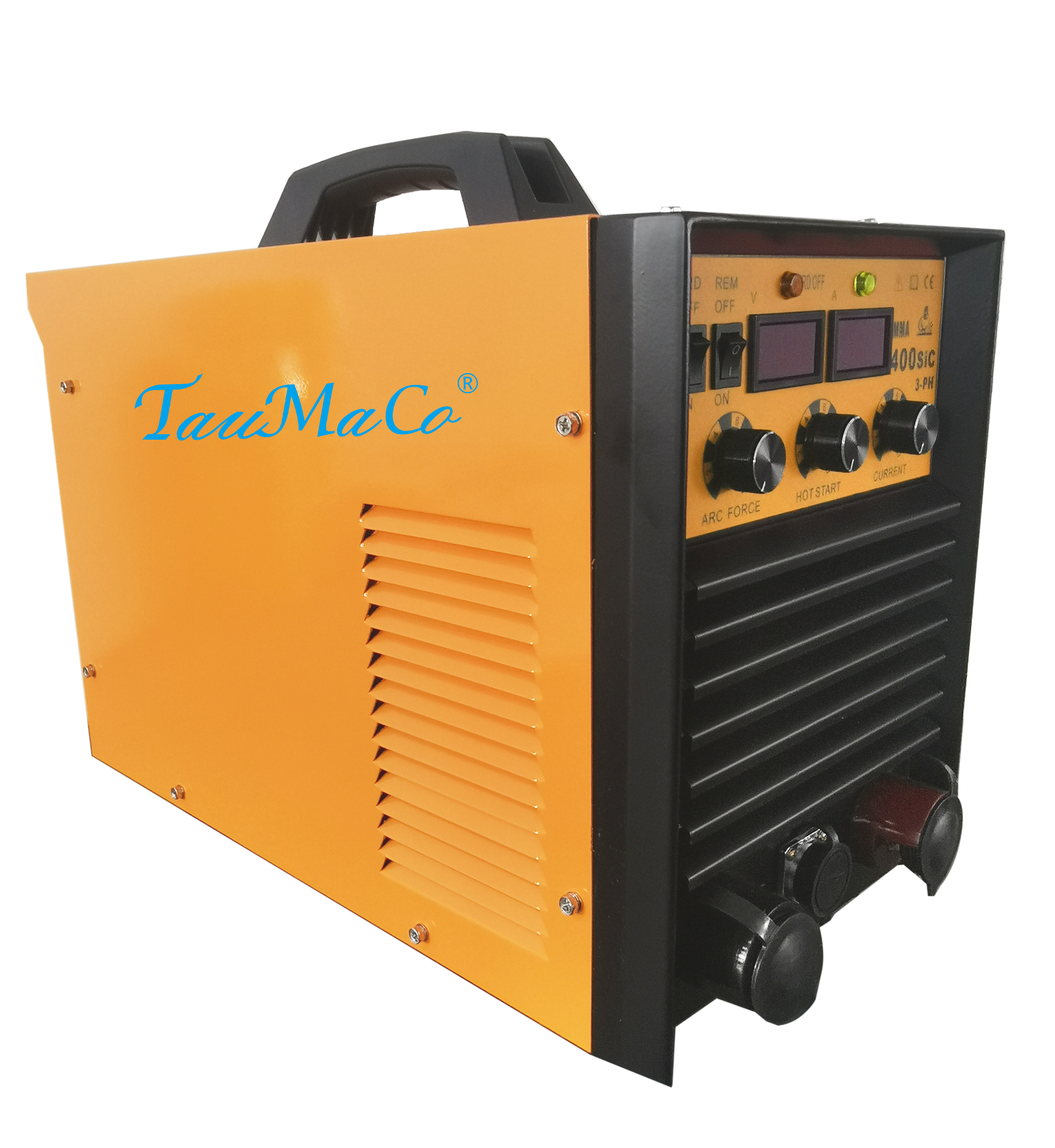 Orange and black TIG welding machine with control panel and the brand name TauMaCo on the side.