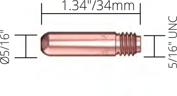 Close-up of a small, cylindrical, copper-colored metal screw or pin with a rounded tip, 1.34 inches long, 5/16 inches diameter, and threaded end.