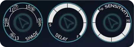 Three circular audio effect controls labeled 'SHADE,' 'DELAY,' and 'SENSITIVITY' with adjustable settings and directional arrows in the center.