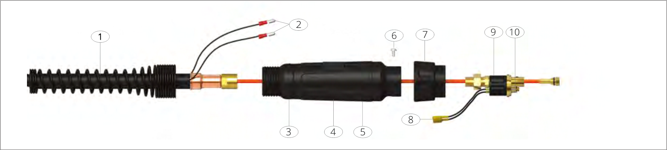 Diagram of a device with various labeled parts, including wires, connectors, and a black cylindrical component, laid out horizontally.