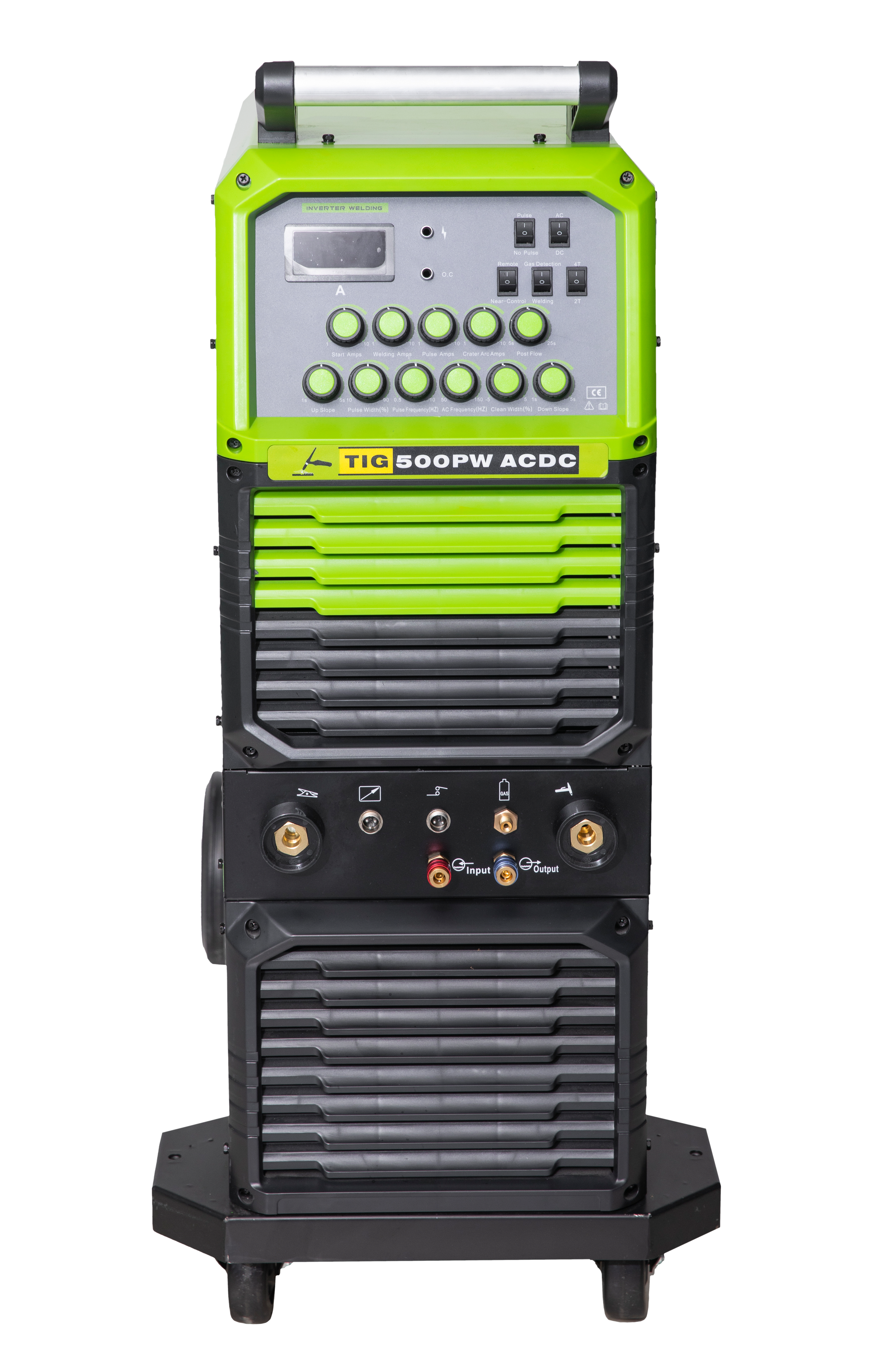 A green and black TIG 500PW acdc welding machine with control panel and various connection ports.