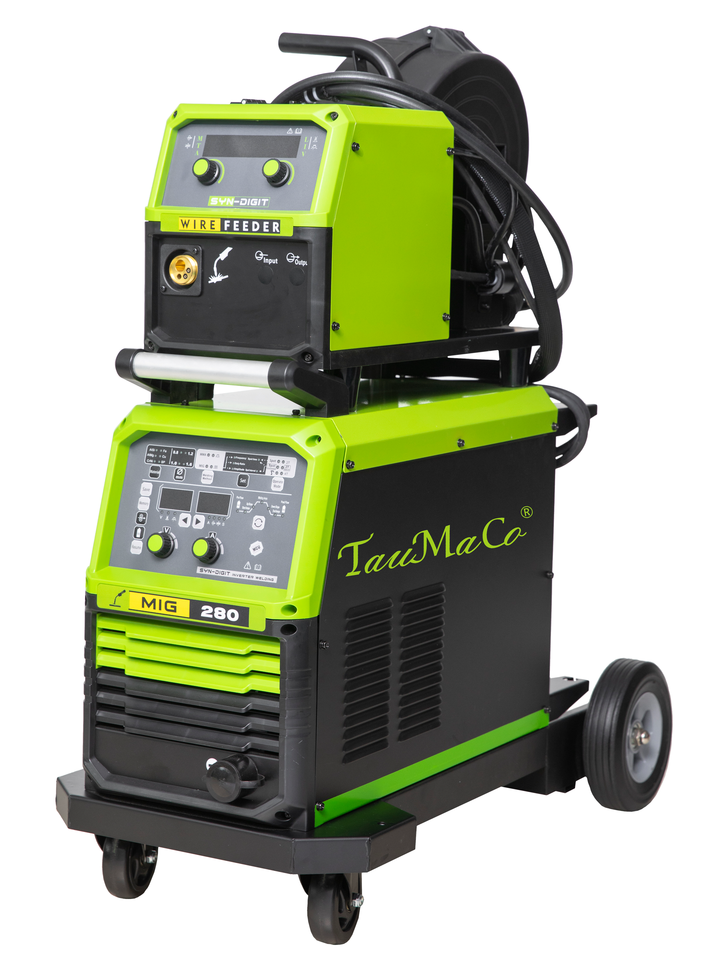 Green and black welding machine on wheels, labeled TauMaCo MIG 280.